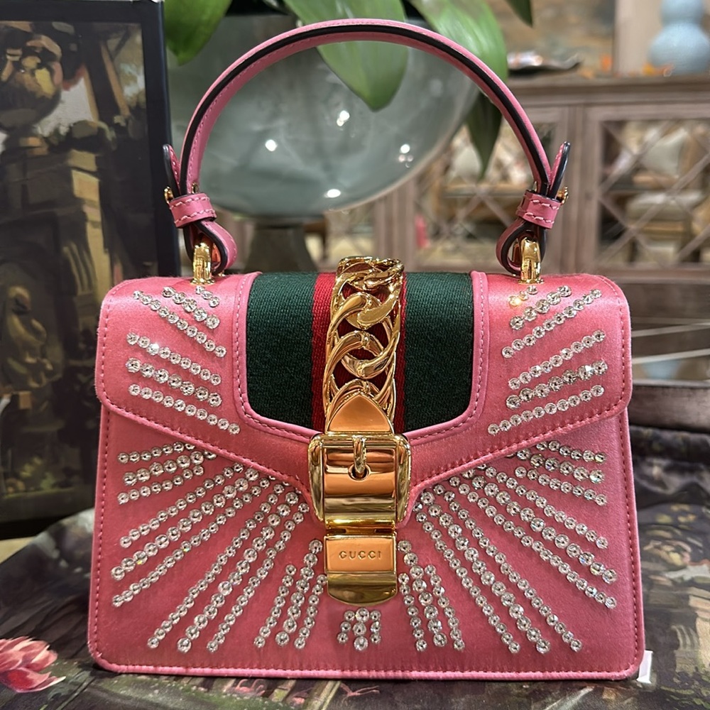 GUCCI Satin Crystal Mini Sylvie Top Handle Bag in Peony